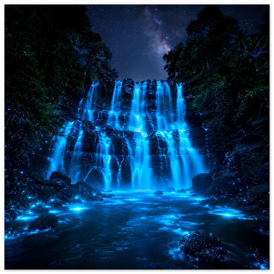 Poster mit leuchtendem Wasserfall in kräftigem Blau, dunkle Bäume und Felsen bei Nacht