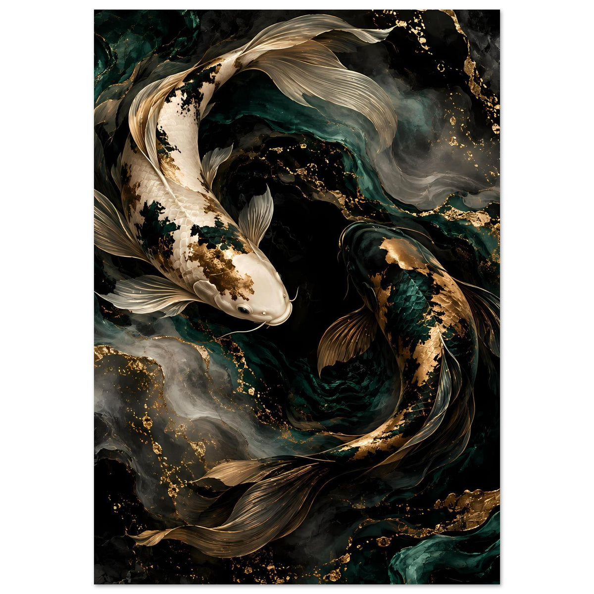 Kunstposter mit zwei Koi-Fischen, goldenen Partikeln und dunklem Wasserwirbel im Farbmix