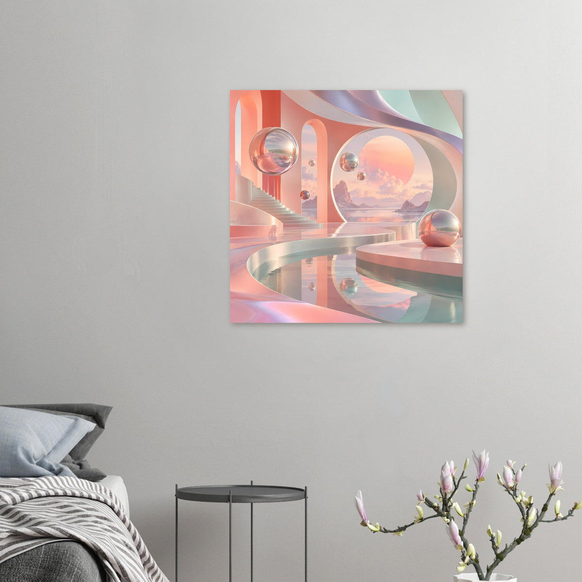 Wandposter mit surreger Pastell-Landschaft, Kreisfenster, Treppen und schwebenden Glaskugeln.