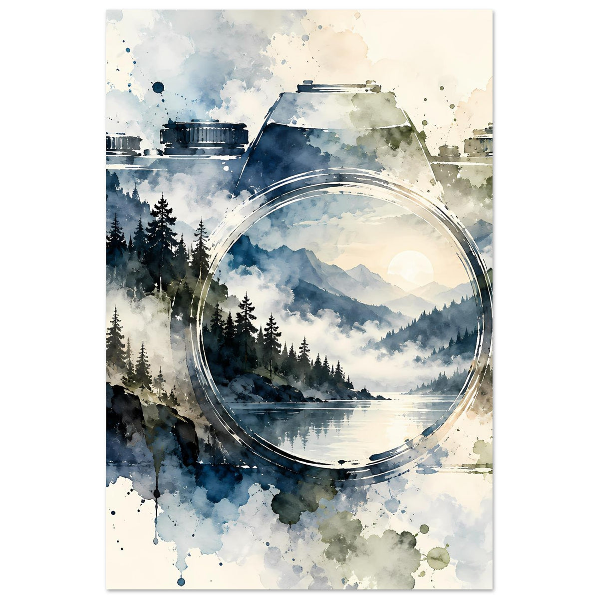 Aquarell-Poster mit vintage Kamera, Rundobjektiv und Bergsee mit Nadelwäldern in Blau-Grün-Tönen.