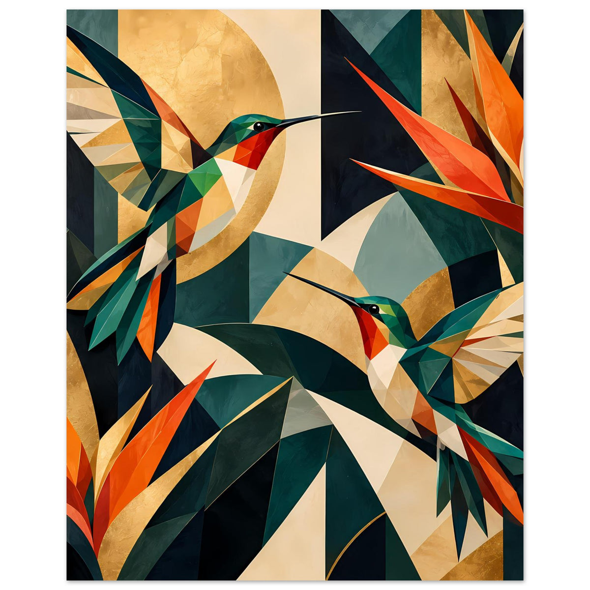Kunstposter mit geometrischen Kolibris im Hochformat, kräftige Juwel-Töne