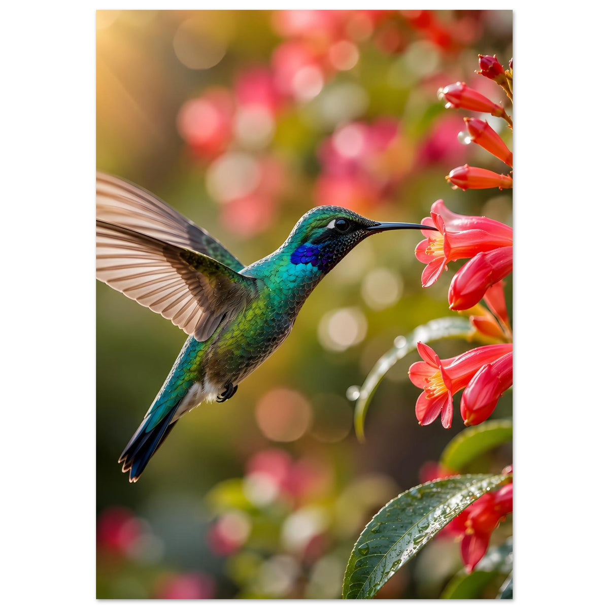 Poster im Hochformat: Kolibri im Flug zwischen roten Blüten