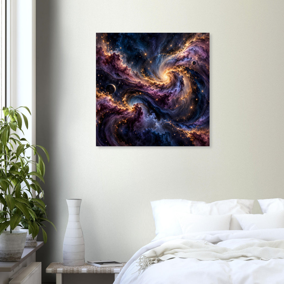 Quadratisches Weltraum-Poster mit Spiralnebel in Blau, Violett und orangefarbenem Glühen