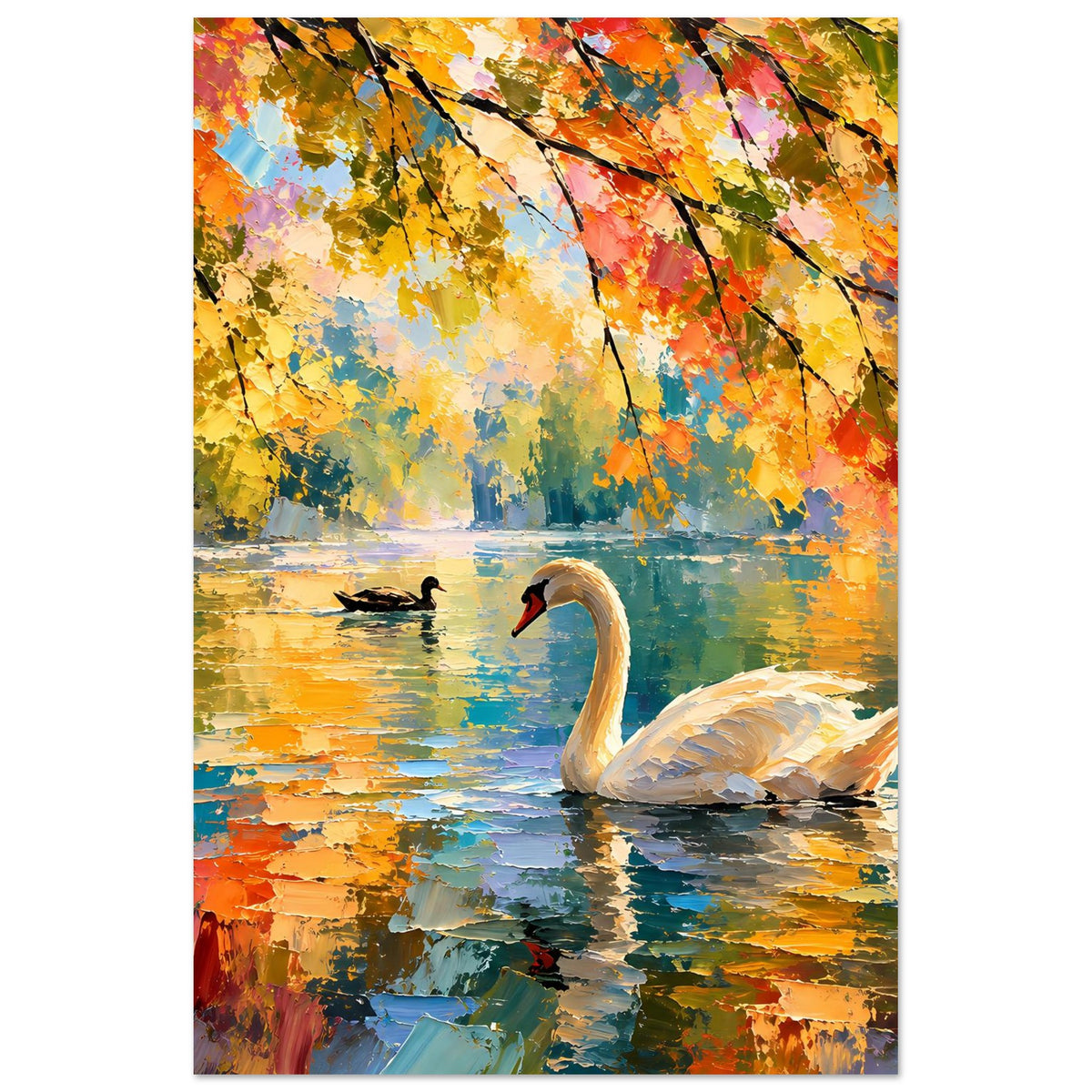 Herbstposter mit weißem Schwan auf ruhigem Gewässer, bunten Blättern und Spiegelung