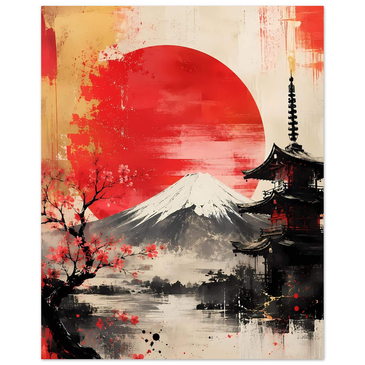 Poster mit roter Sonnenhalbkreis-Optik, Mount Fuji, japanische Pagode und Kirschblüten am Rand