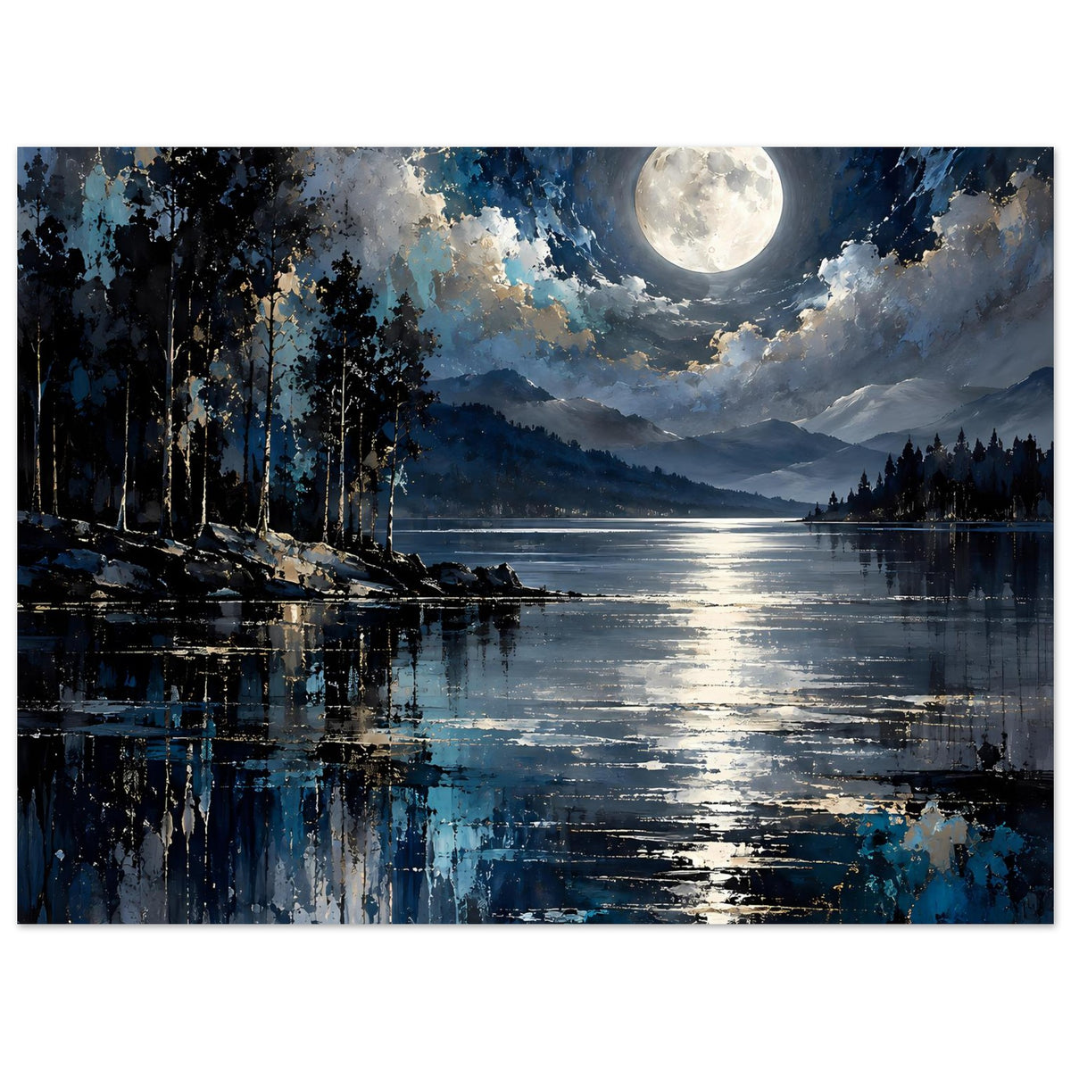 Querformatiges Landschaftsposter mit Vollmond, Wasserreflexionen, Tannenwald links und Berge