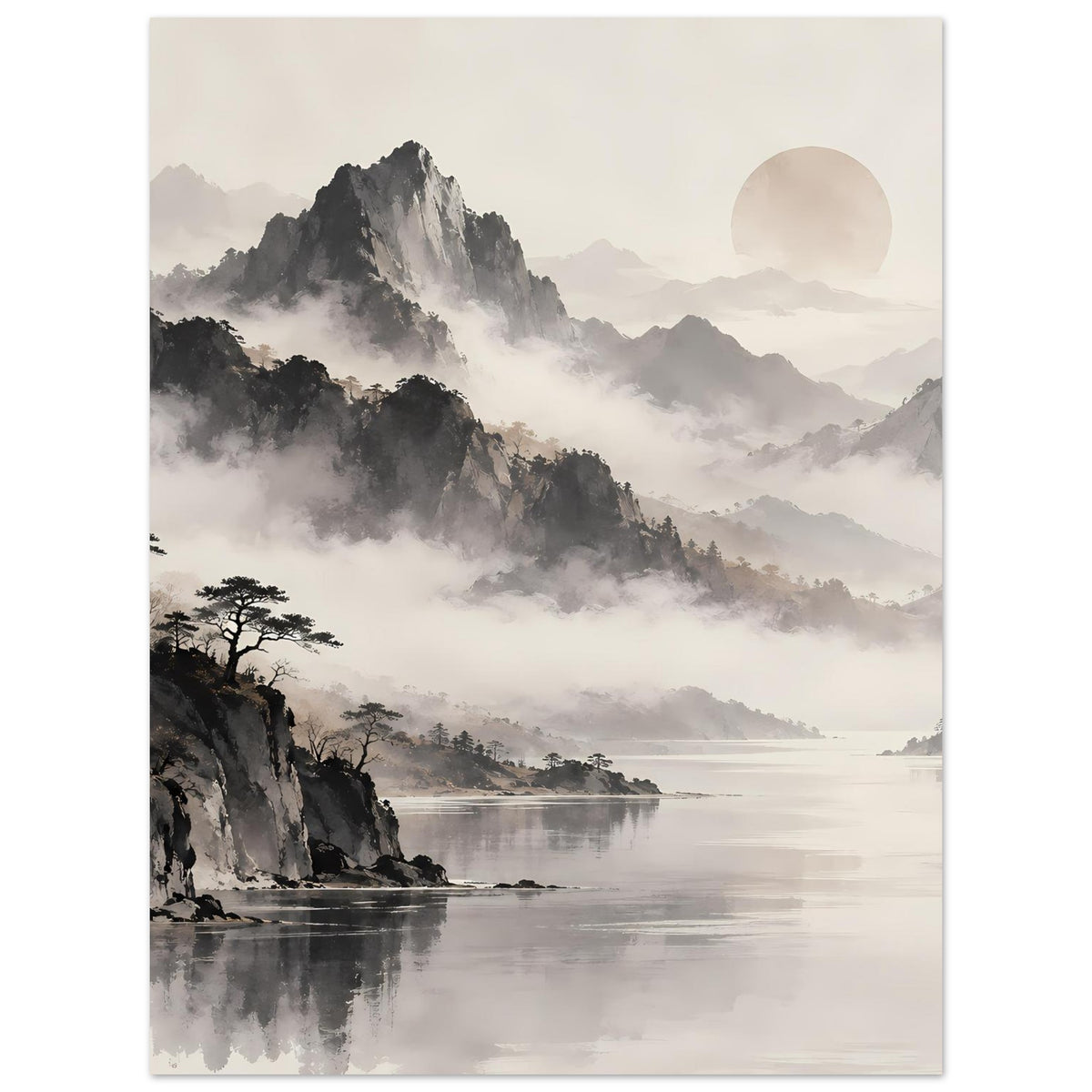 Minimalistisches Schwarz-Weiß-Poster mit nebeligen Bergen, Wasserspiegel und gedämpfter Baum-Silhouette, Hochformat