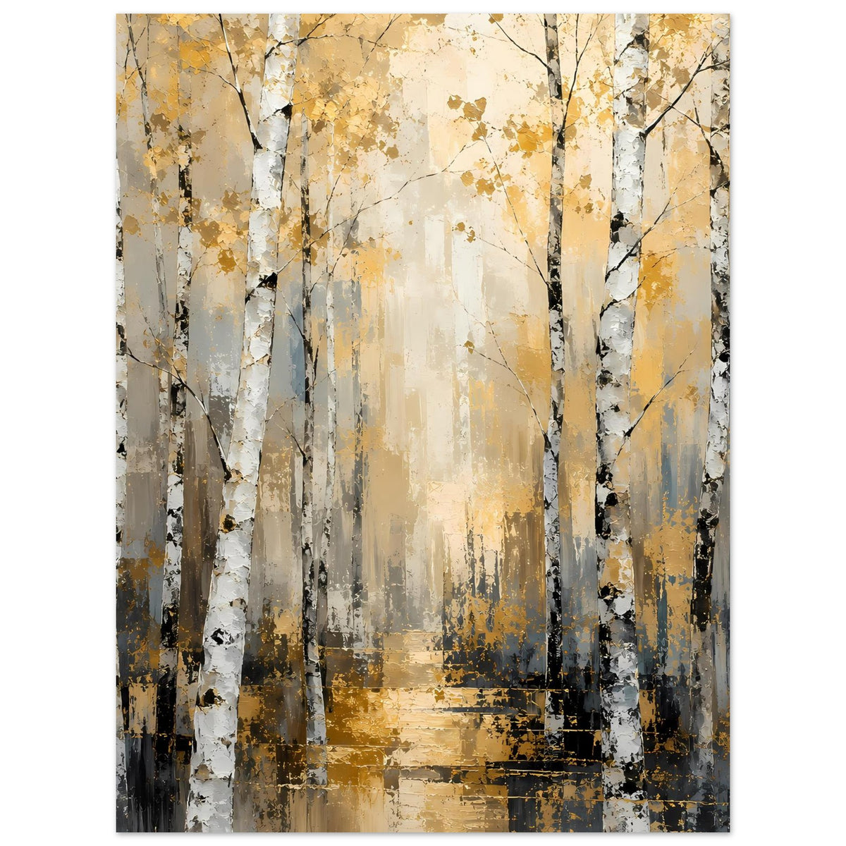 Poster im Hochformat mit Birkenwald: helle Baumstämme, goldene Flächen, schwarze Äste
