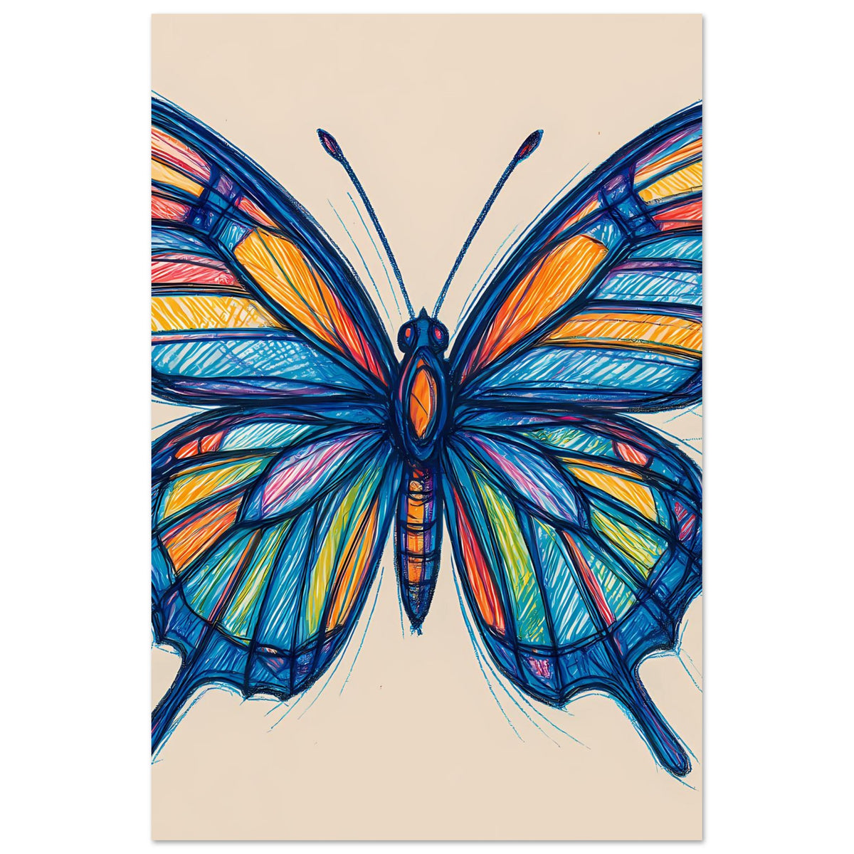 Schmetterlings-Poster mit bunten Flügeln in Blau, Orange, Grün und Pink, frontal.