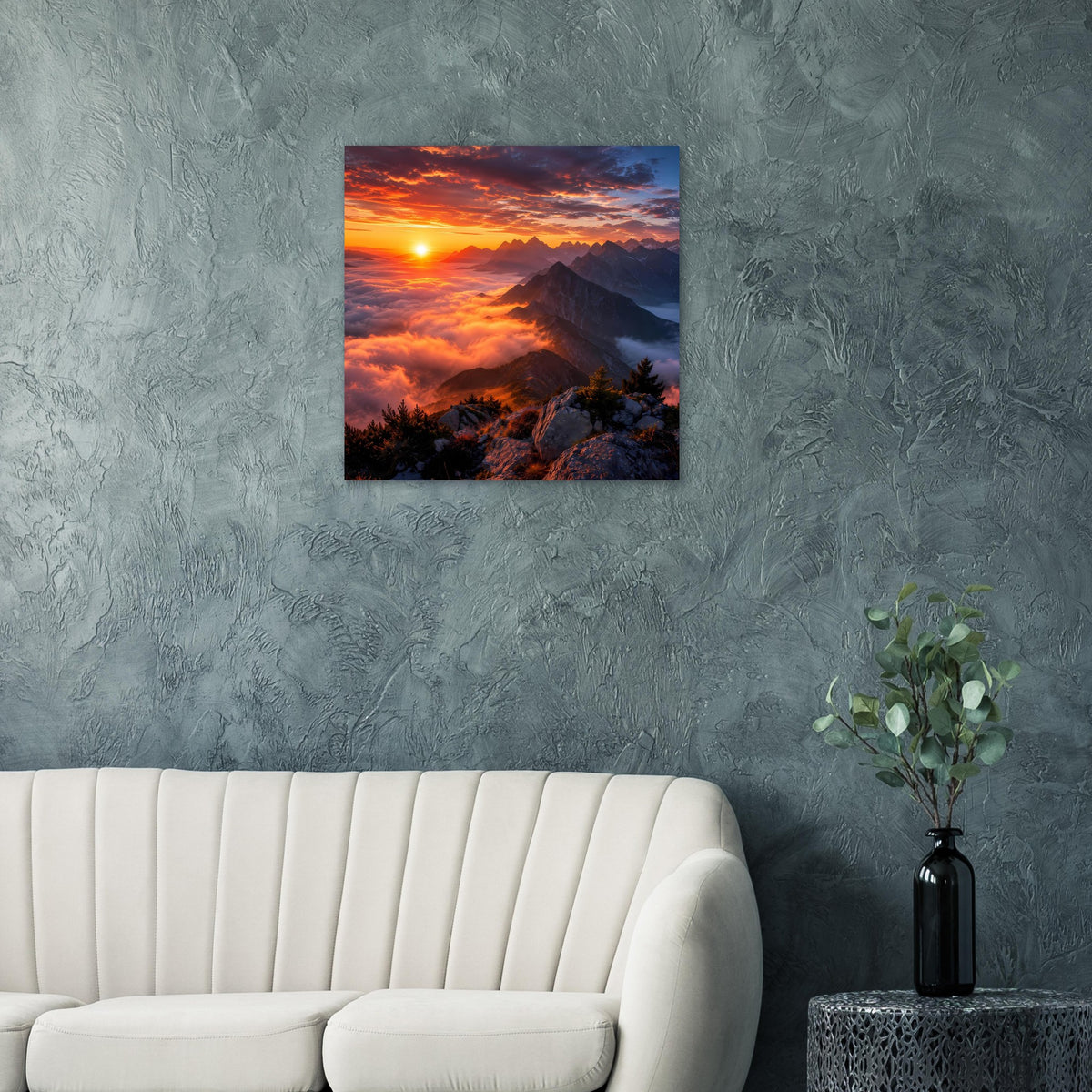 Wandposter mit Sonnenuntergang zwischen Bergzügen, quadratisch, blaue Umrandung