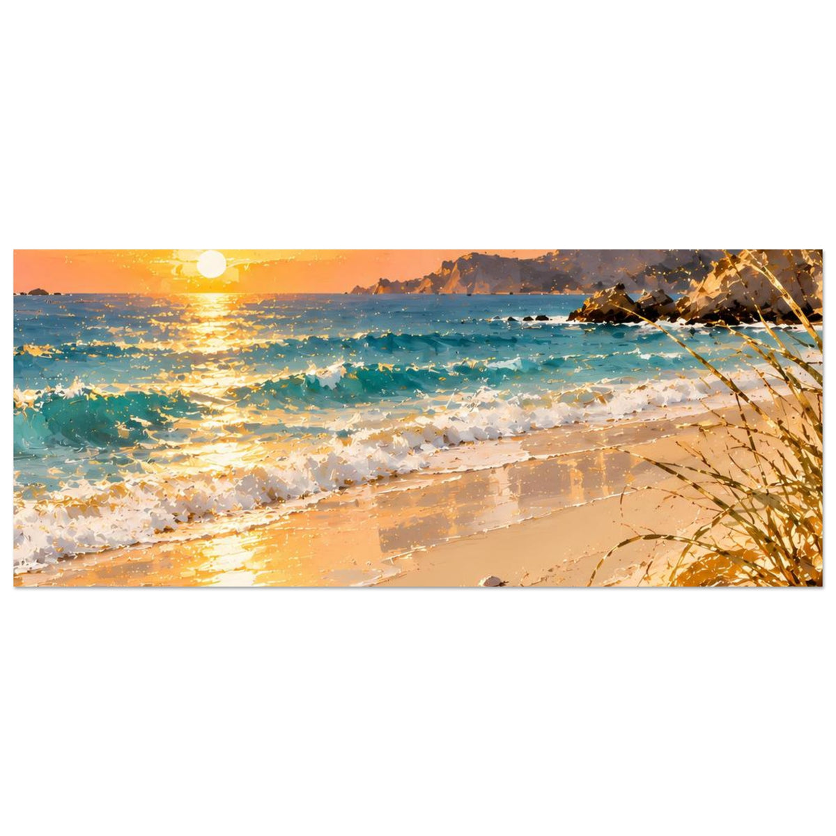 Strand-Sonnenuntergang Poster, Querformat: Sonne am Horizont, Wellen, Küste mit Felsen, Sand