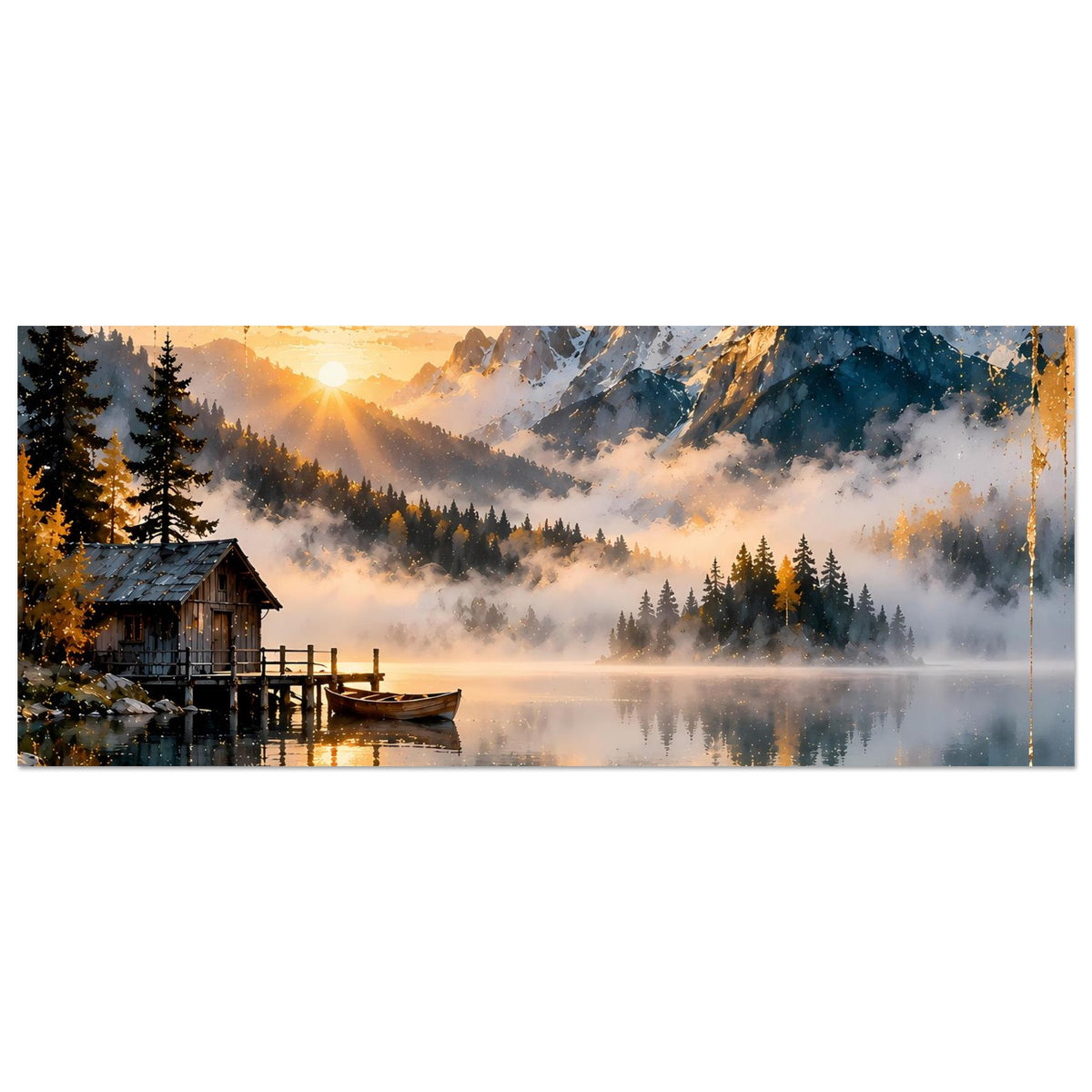 Horizontales Poster mit Bergsee und Sonnenaufgang, Holzsteg, Nebel und Bergreflexion