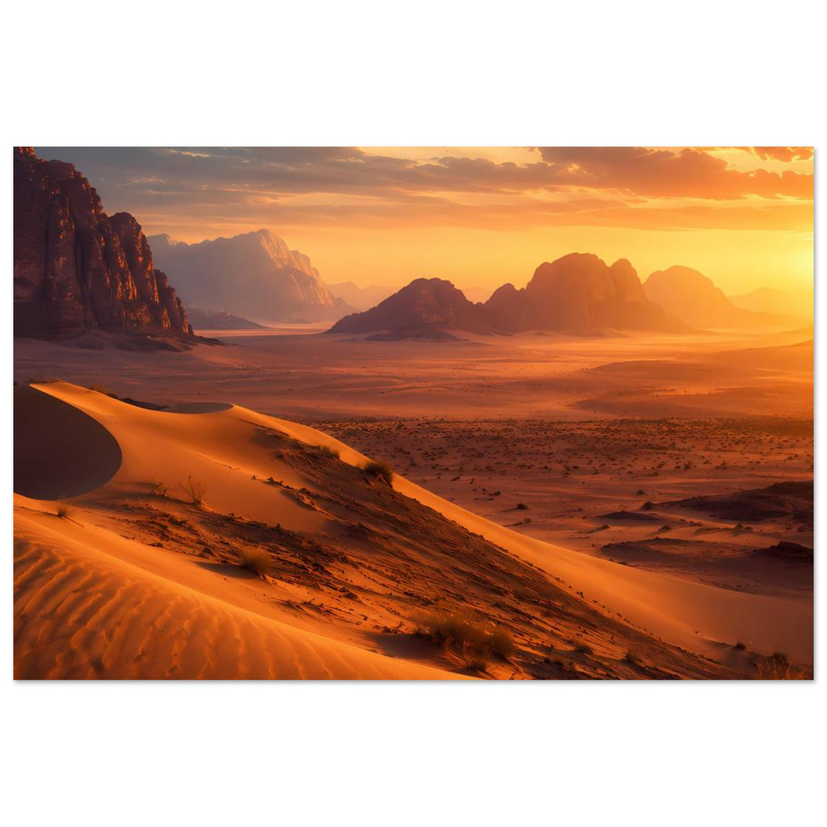 Horizontales Wüstenlandschafts-Poster mit Dünenkamm, Felsbergen und goldenem Himmel