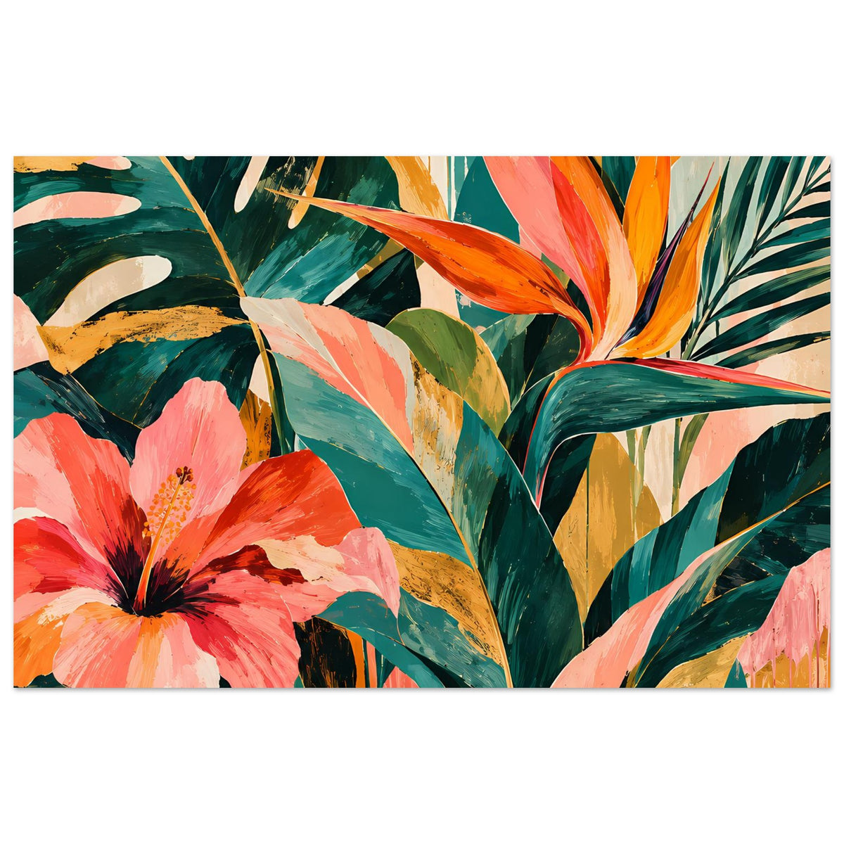 Breites Kunstposter mit tropischen Blüten: pinke Hibiskus, orange Blüte, grüne Blätter.