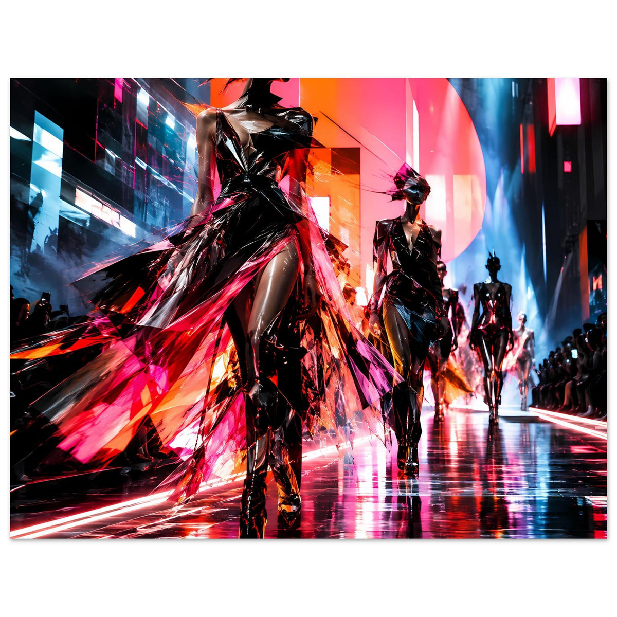 Poster mit Laufsteg-Models, schwarze Silhouetten, Neon-Reflexionen in Pink, Orange und Blau.