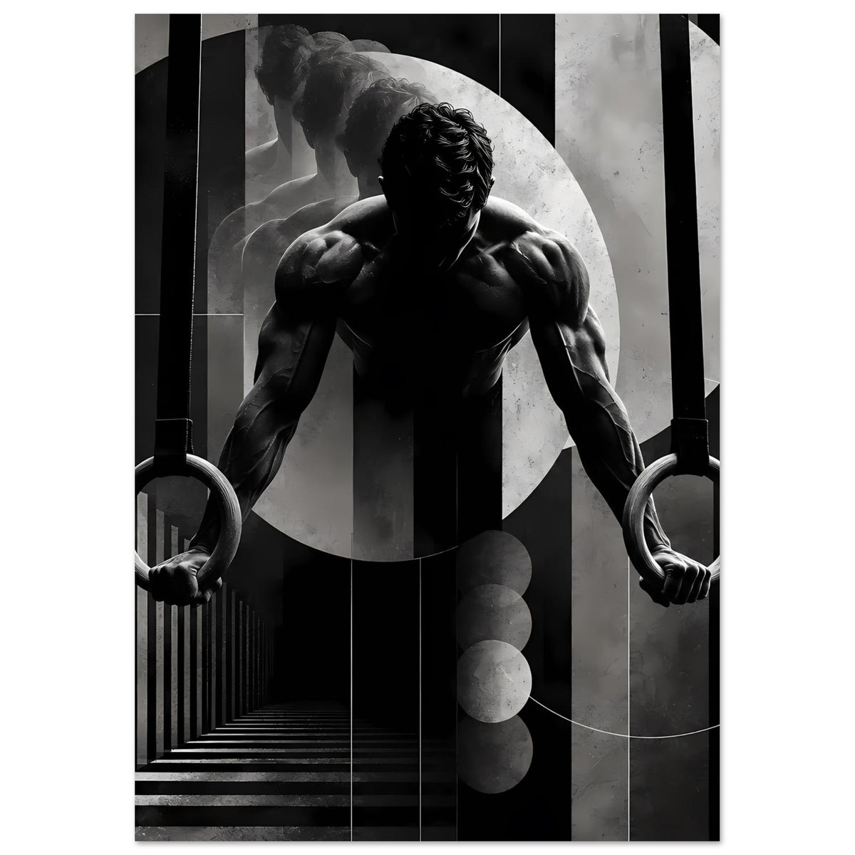 Gymnastik-Poster: Turner mit Ringen, angeschnittene Komposition in Schwarzweiß.