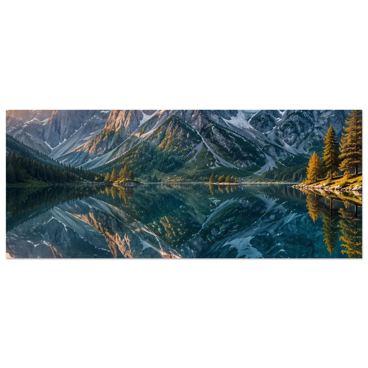 Querformatiges Landschaftsposter, Fokus auf Waldhang, Berge und spiegelnde Wasserfläche