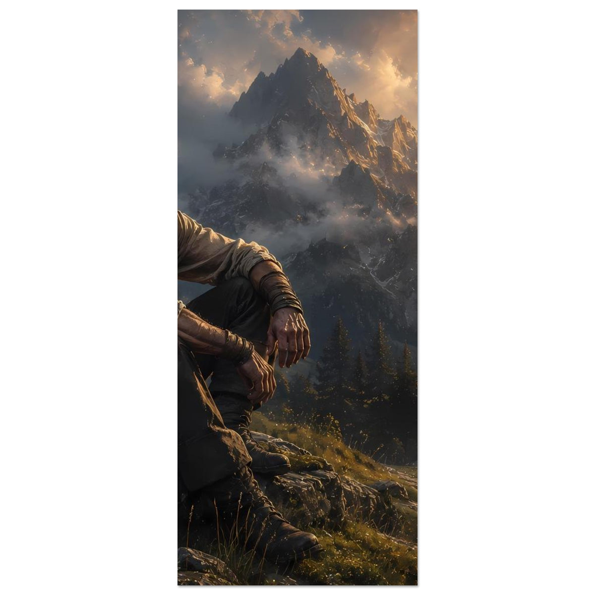 Vertikales Poster-Ausschnitt: Manns Hände am Fels, Berge und Nebel im Hintergrund