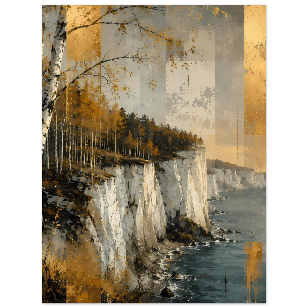 Herbstliches Küstenlandschafts-Poster mit Steilküste, Birkenwald und Meer in Gold- und Grüntönen