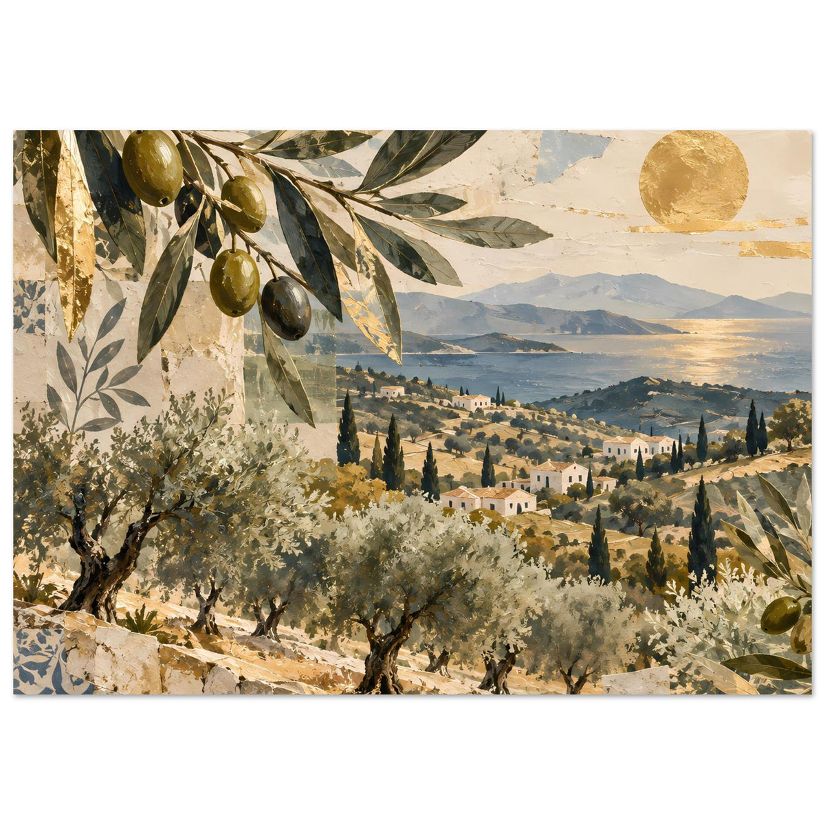 Mediterranes Poster mit Olivenzweigen, Olivenbäumen und Landschaft mit Häusern im Tal