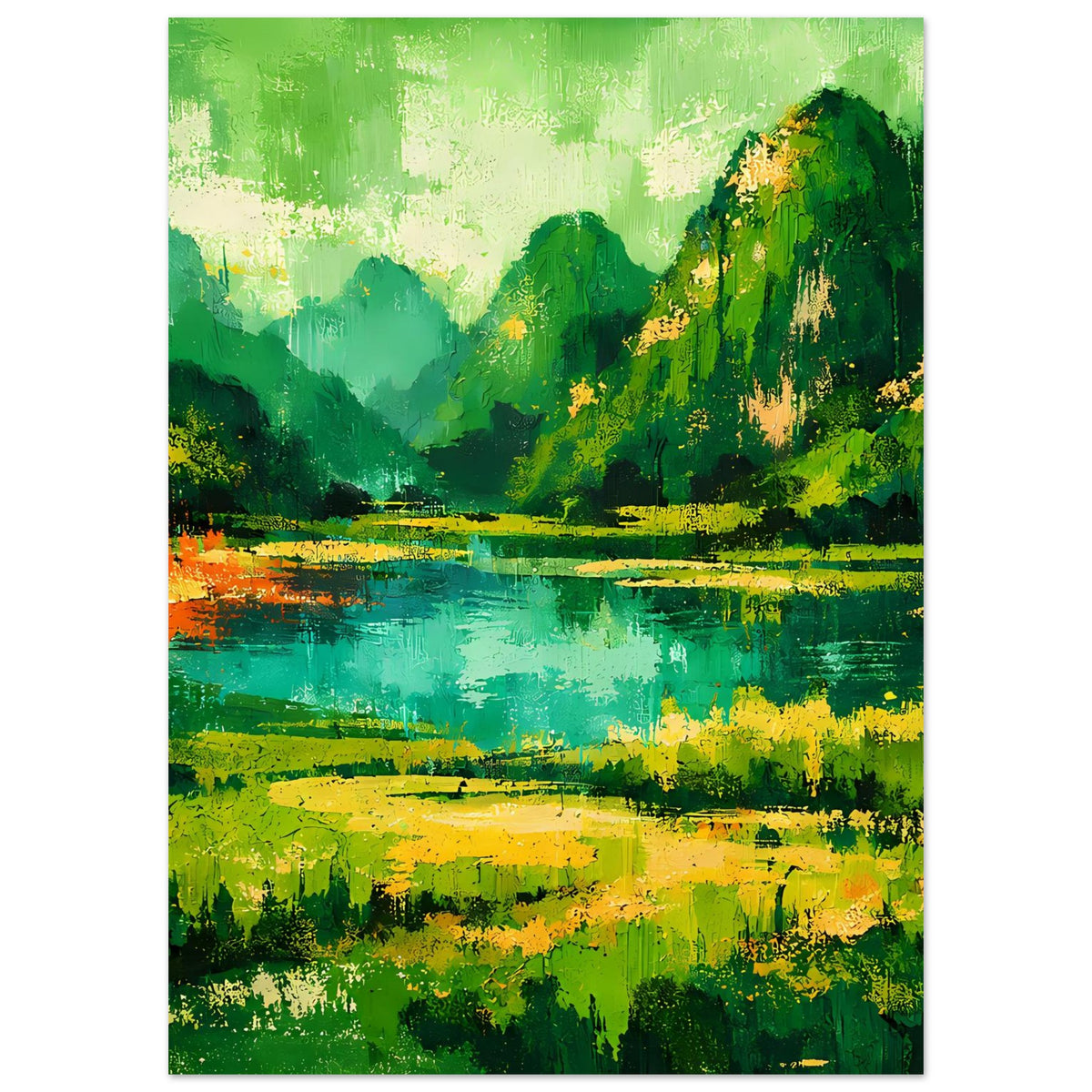 Abstraktes Hochformat-Poster: grünes Bergpanorama mit türkisblauem See