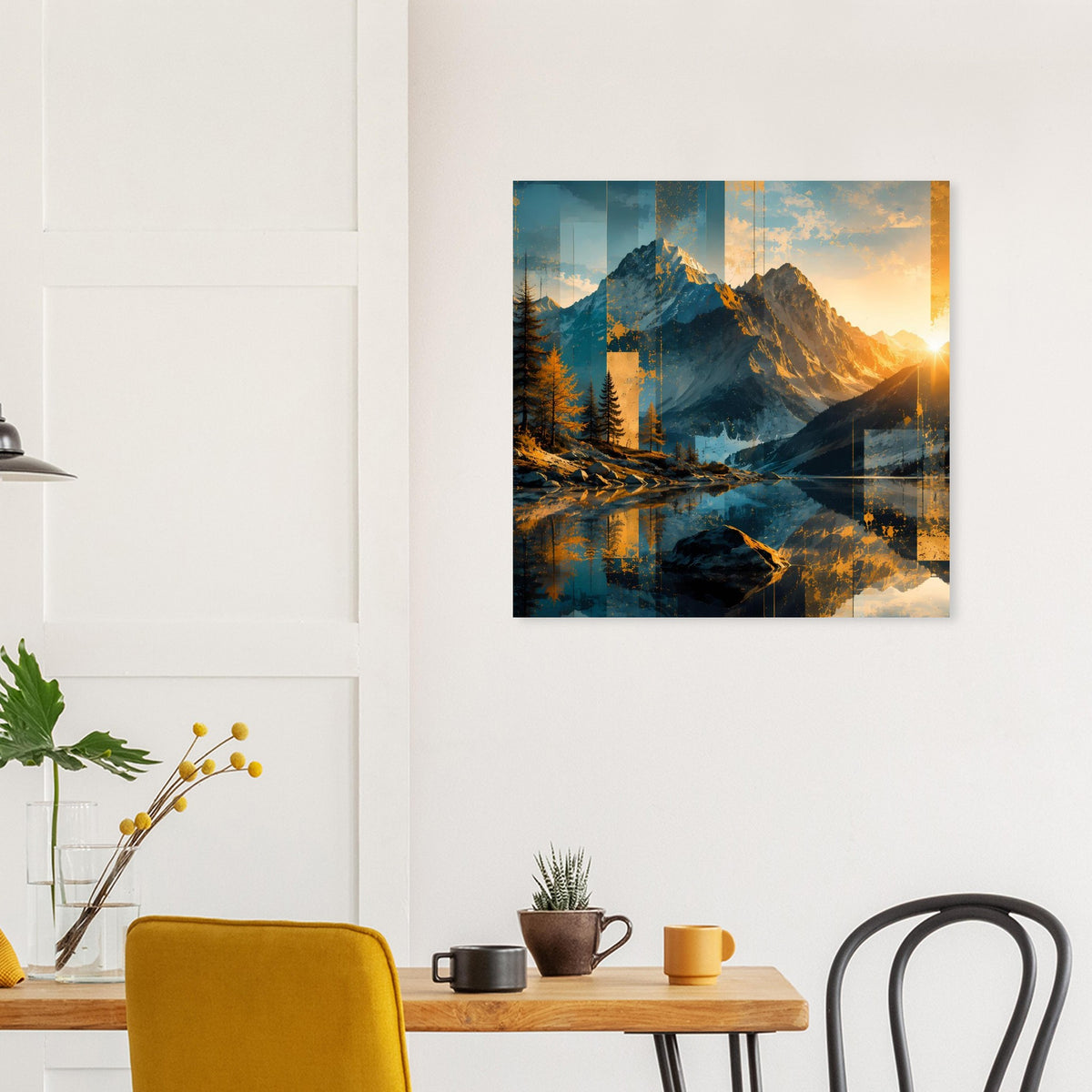 Schwarz gerahmtes Poster mit Berglandschaft in Blau/Türkis und goldener Sonne