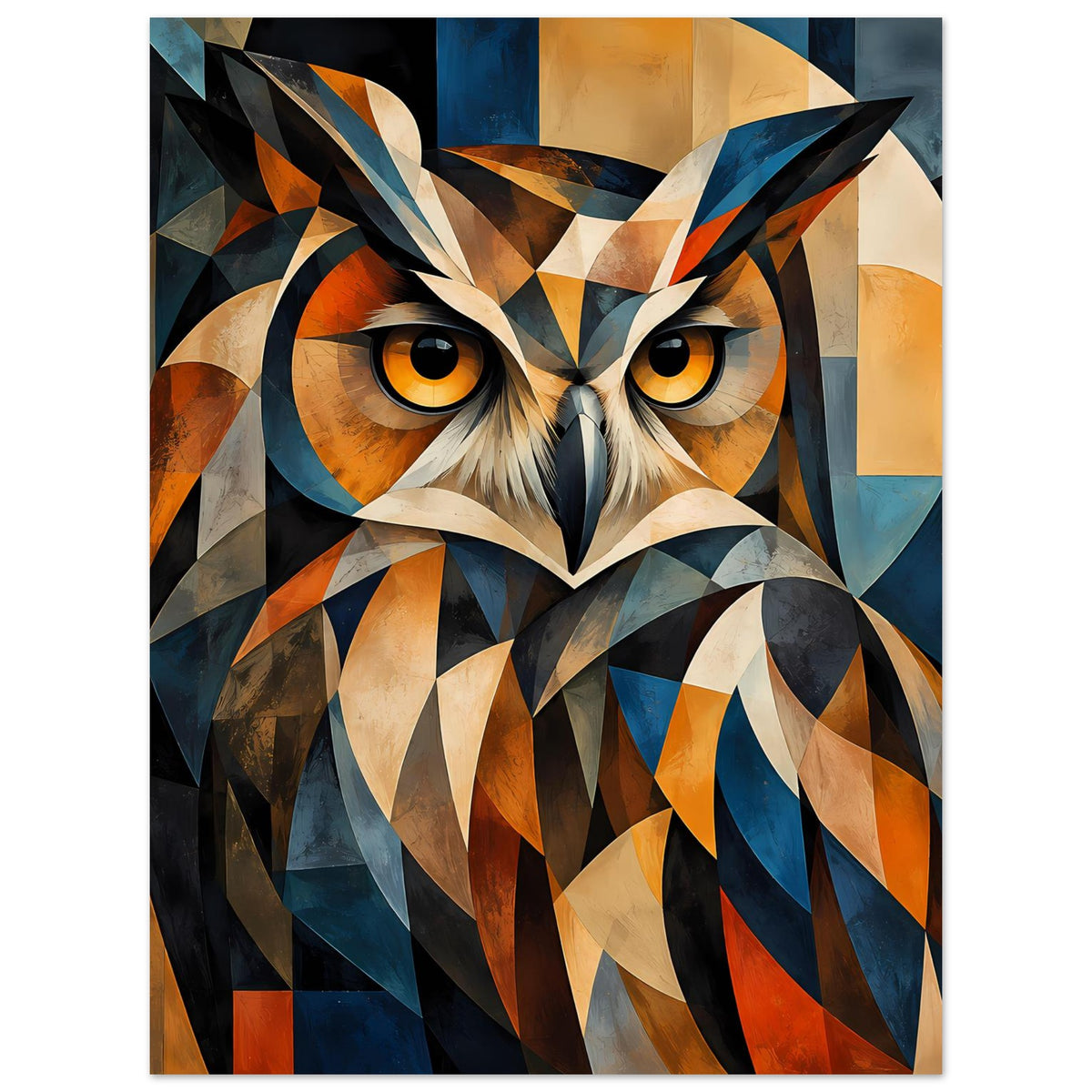 Geometrisches Eulenposter mit Nahansicht des Vogelkopfs, kräftige Farben und Dreieckmuster