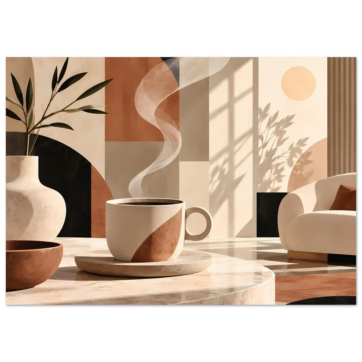 Wandposter Querformat mit warmer Erdtönen-Grafik: Kaffeetasse, Schale, Pflanze