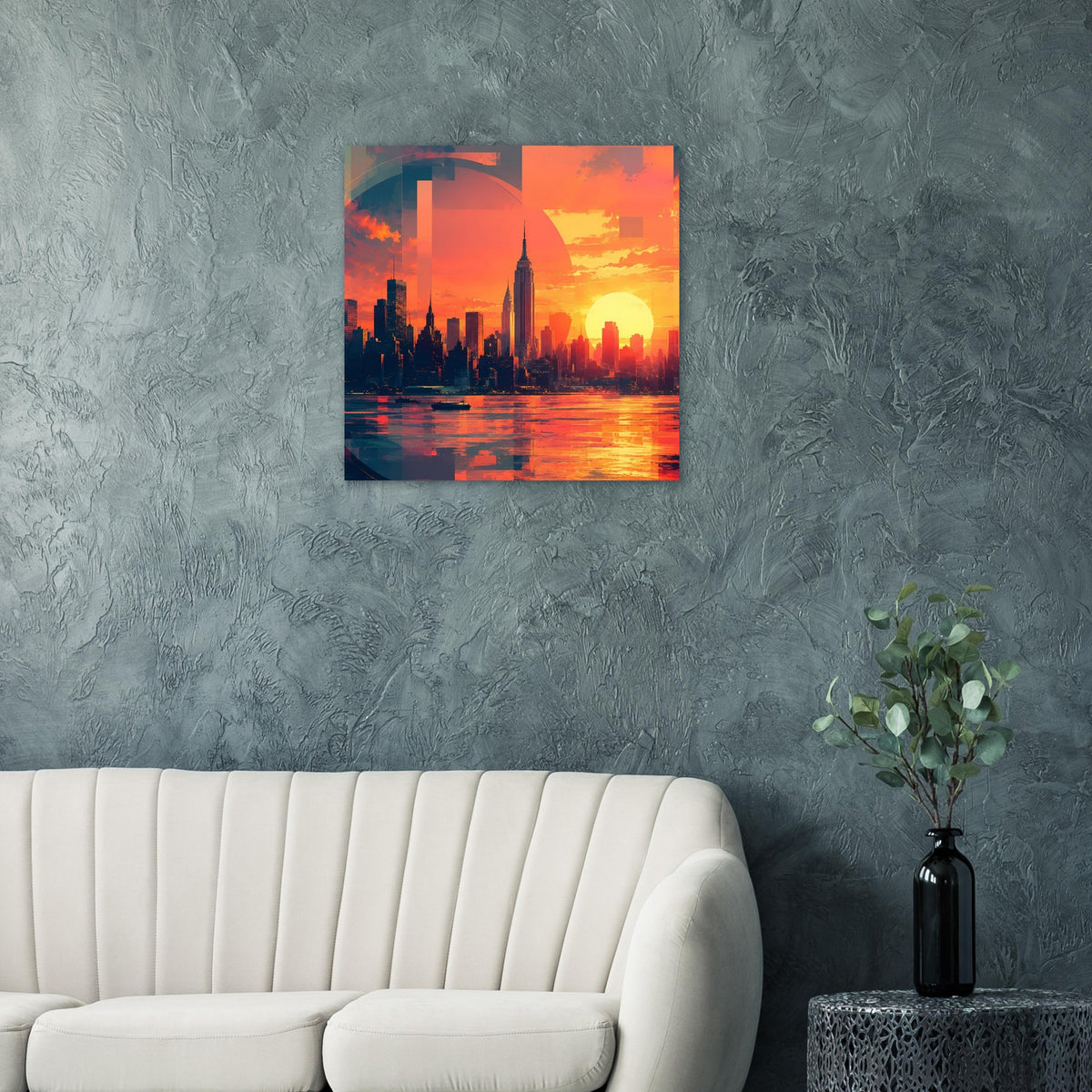 Quadratisches Wandposter mit Skyline bei Sonnenuntergang, orange-rotes Leuchten und Wasserspiegel.