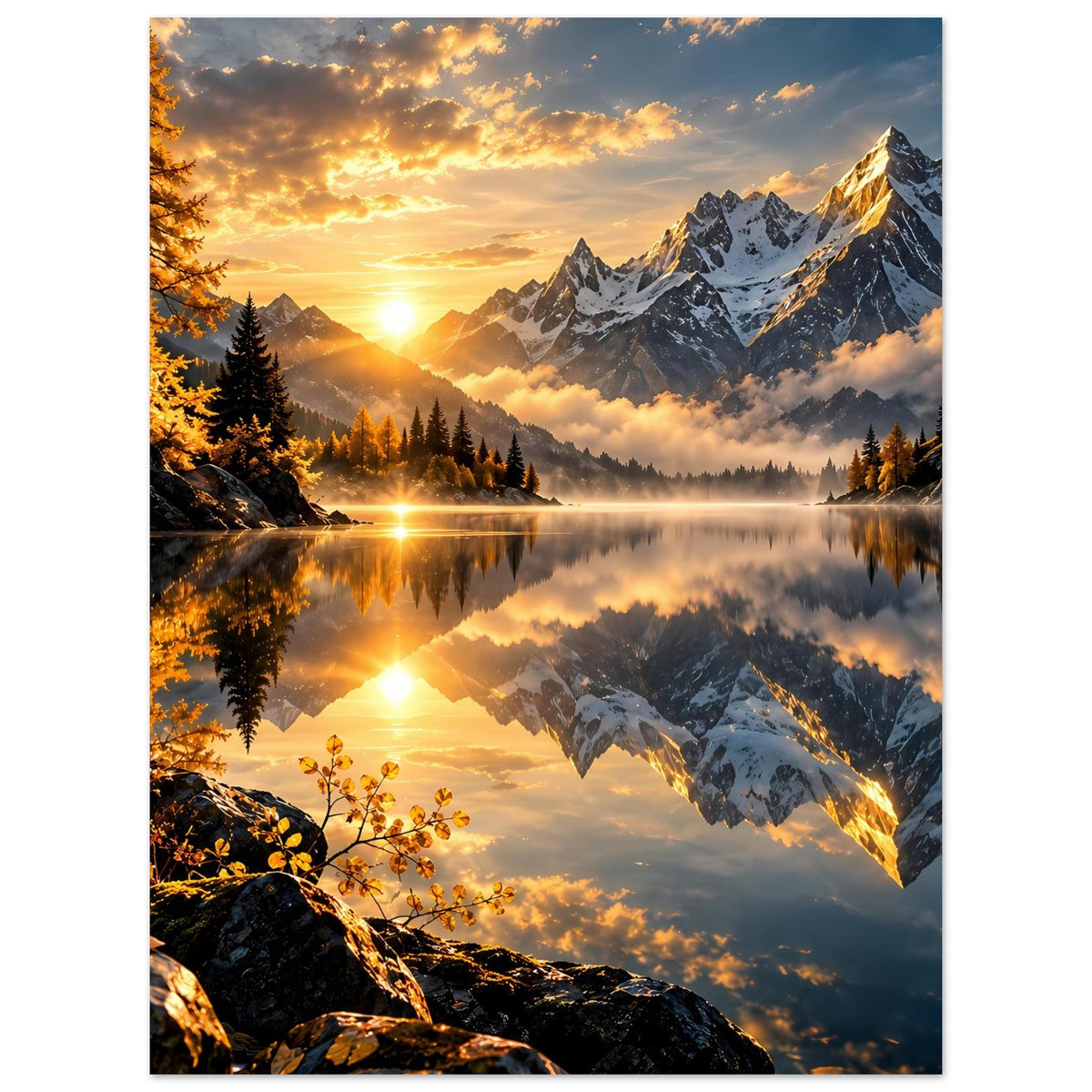 Poster mit Sonnenaufgang über Bergsee und spiegelnden Alpengipfeln