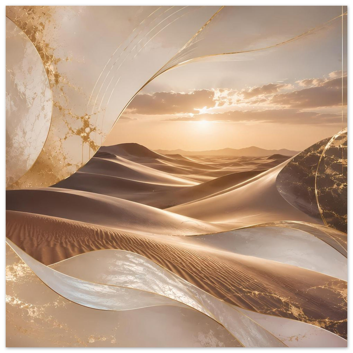 Wüsten-Poster mit schimmernden Sandwellen und goldenen Formen, horizontal