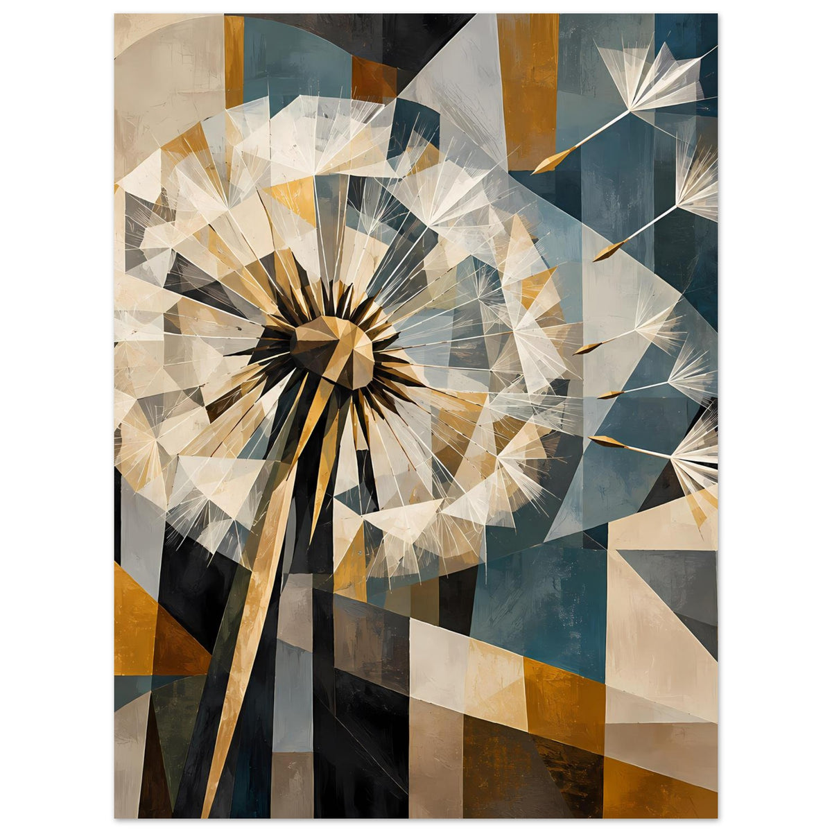Vertikales Dandelion-Wandposter mit geometrischem Dandelion-Motiv in Blau, Beige und Braun