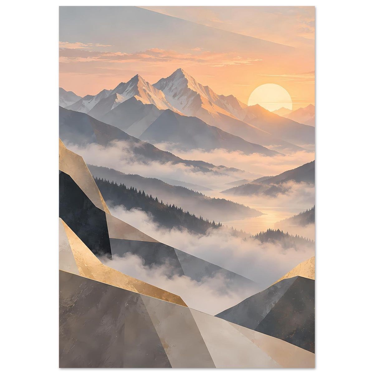 Poster im Hochformat mit Nebel zwischen Bergen, Pastellhimmel und goldenen Linien