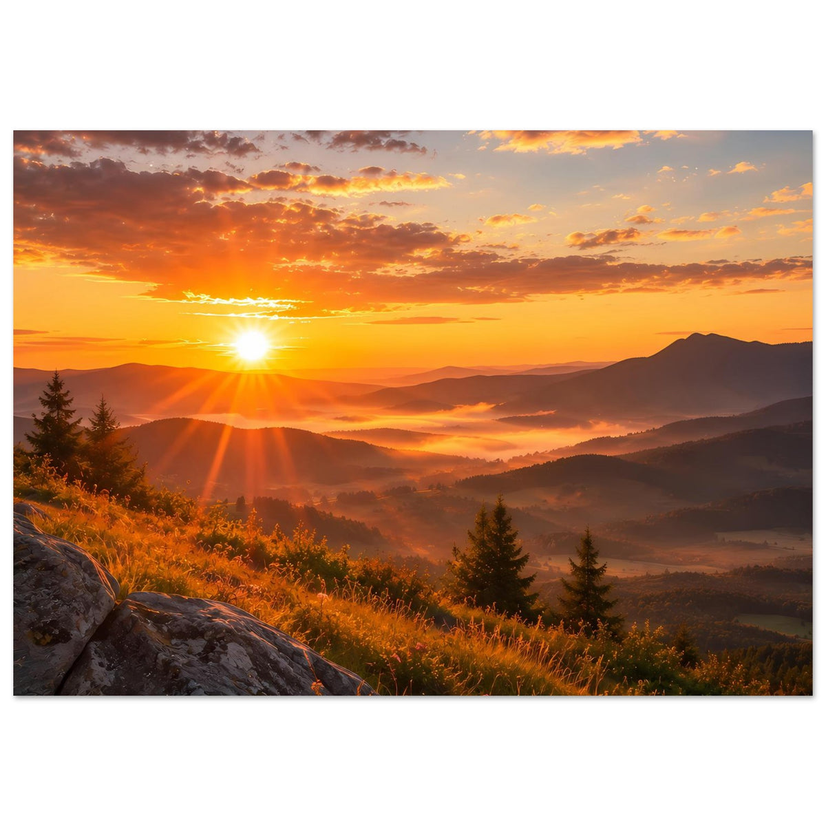 Landschaftsposter im Querformat mit orangefarbenem Himmel, Sonne am Horizont und Bergen