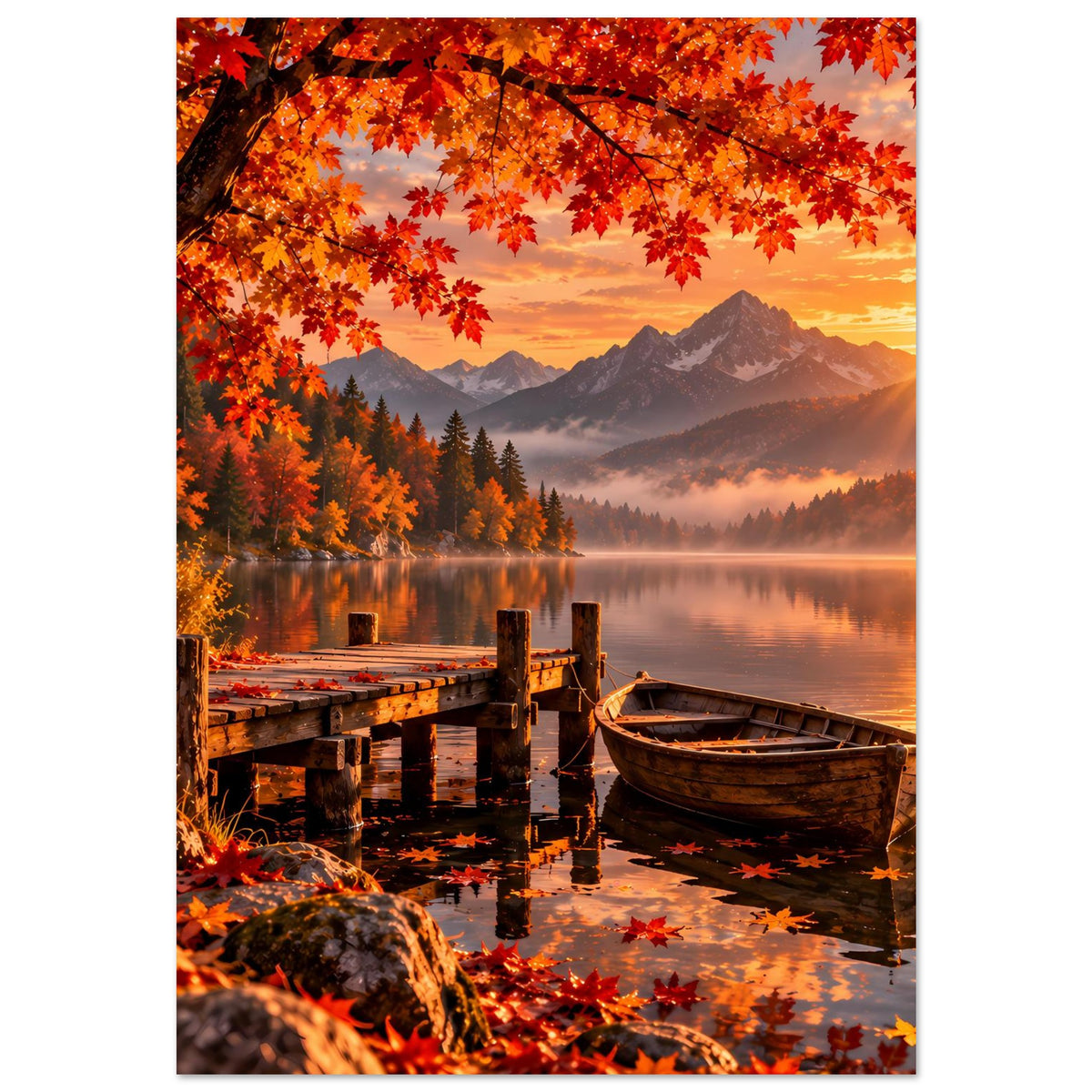 Herbst-Berglandschafts-Poster mit Nebel im Tal, Bergen, See und Holzboot am Steg
