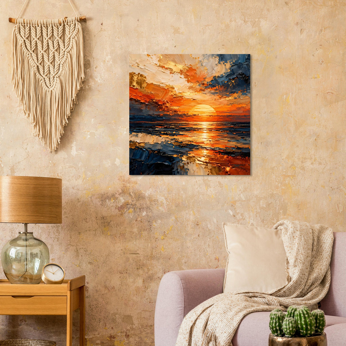 Quadratisches Wandposter mit abstraktem Meer bei Sonnenuntergang, Orange und Blau