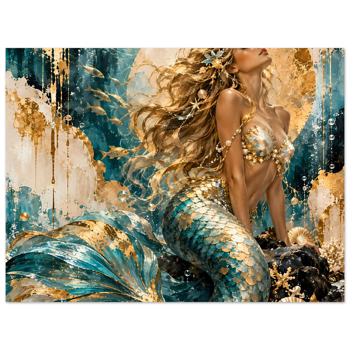 Meerjungfrauen-Poster im Querformat mit naher Ansicht: Schuppenflosse in Türkis und Gold
