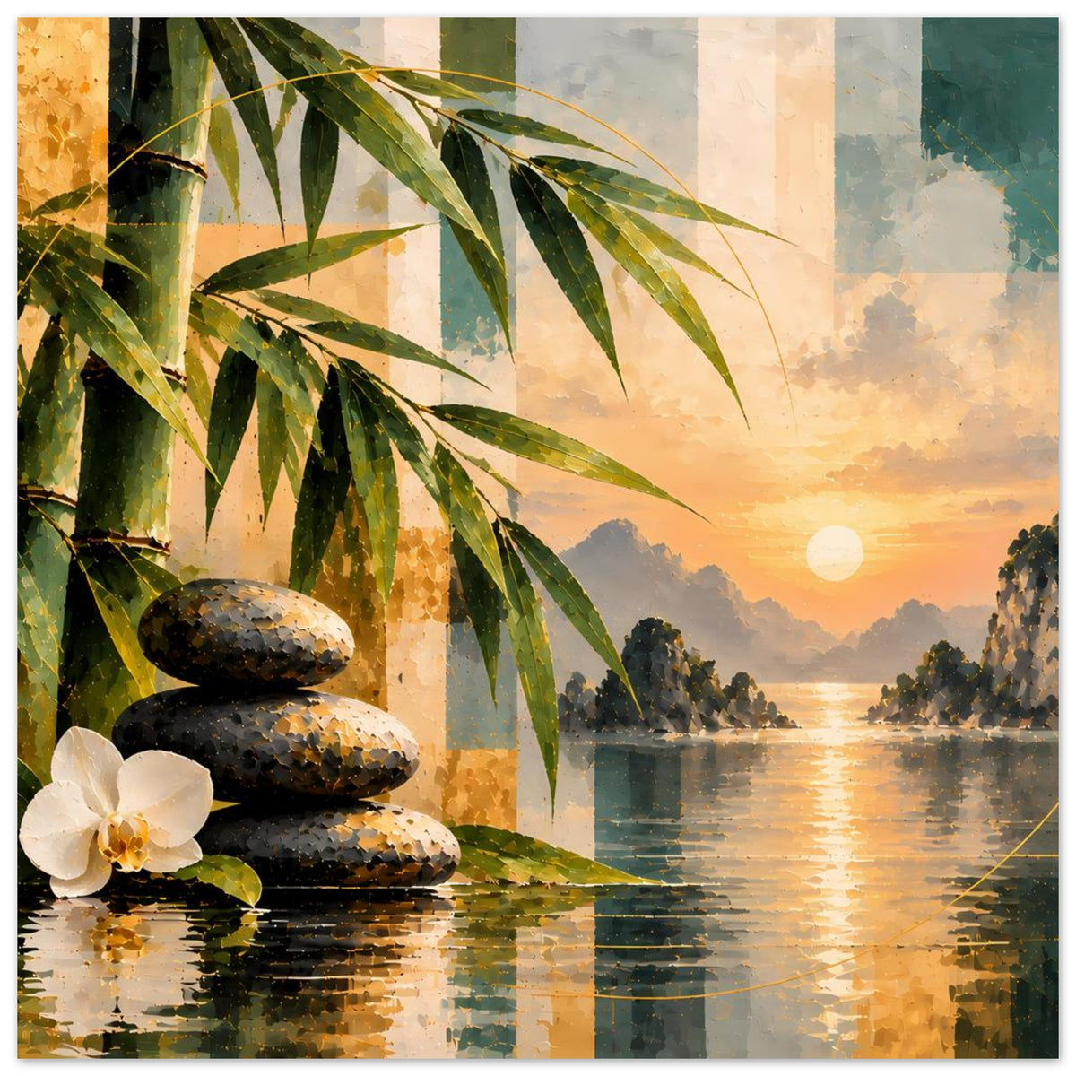 Kunstposter mit Zen-Arrangement: Orchidee, dunkle Steine, Bambuszweige und Sonnenuntergang am See