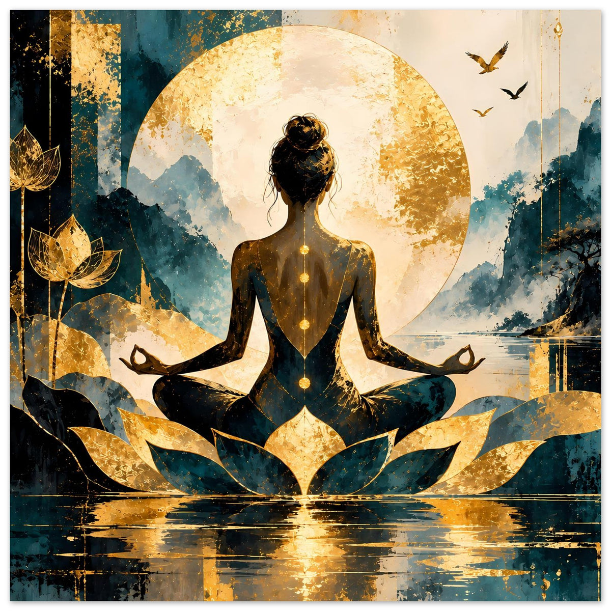 Meditationsposter mit Lotusblüte unten und Goldkreis, sitzende Figur, Vögel oben rechts