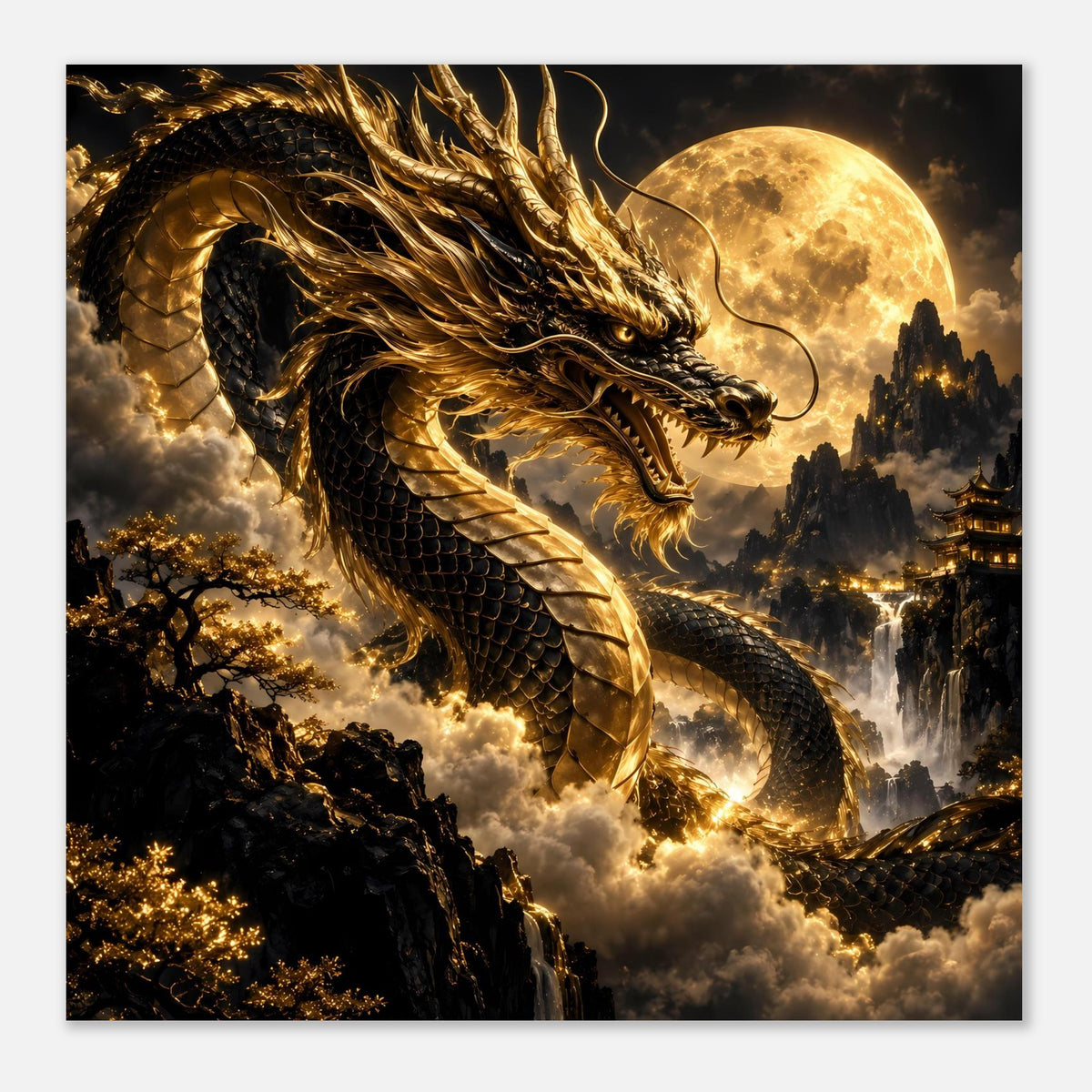 Gestaltetes Poster: goldener Drache in Nahansicht, schwarze Schuppen und gelbe Vollmondscheibe