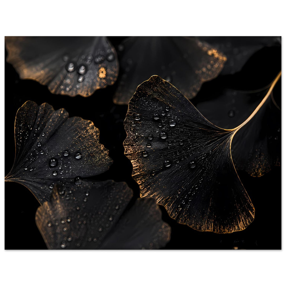 Poster im Querformat mit schwarzen Ginkgo-Blättern, goldenen Rändern und Wassertropfen