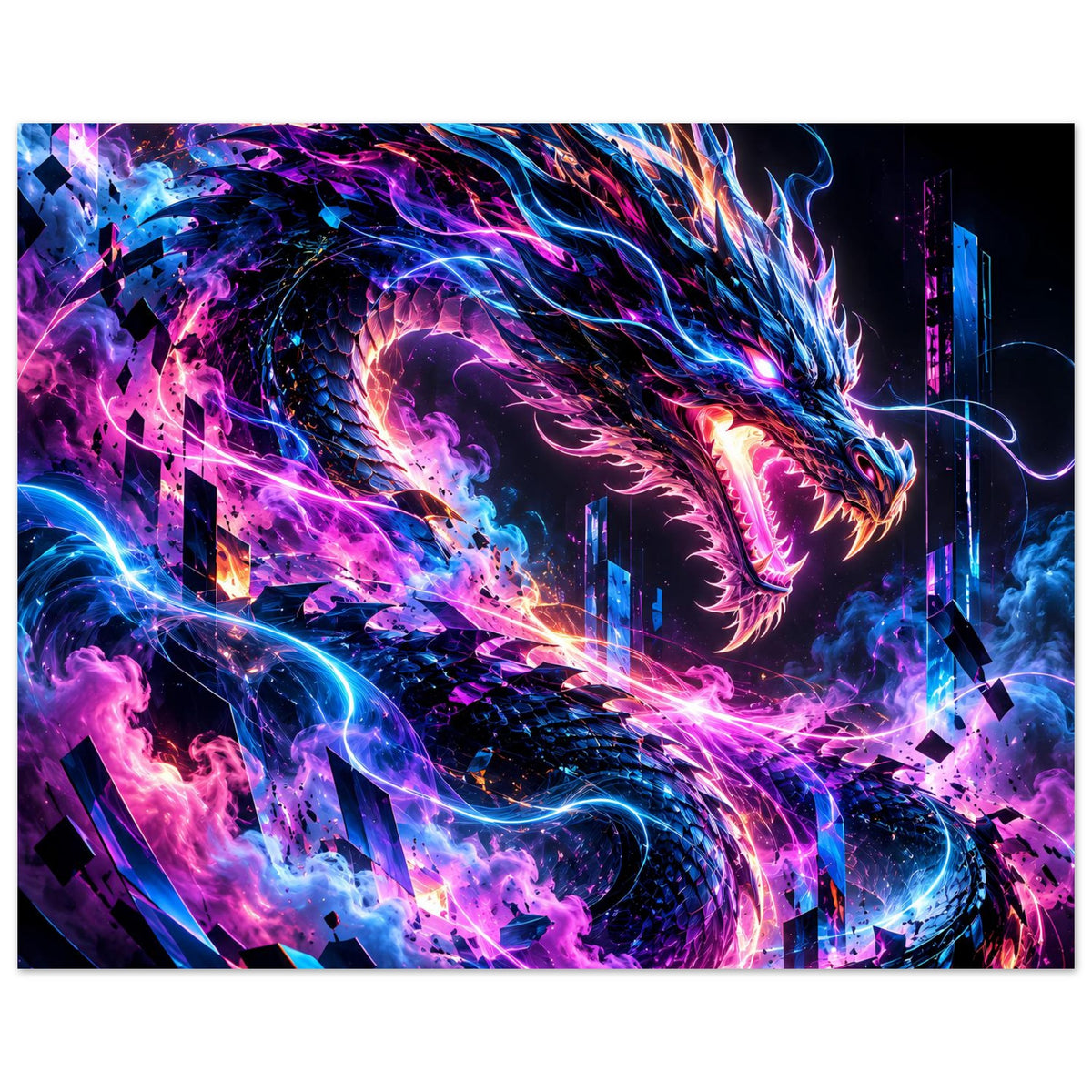 Landschafts-Poster mit Cyber-Drache in Neon, leuchtende Linien und Funken über City