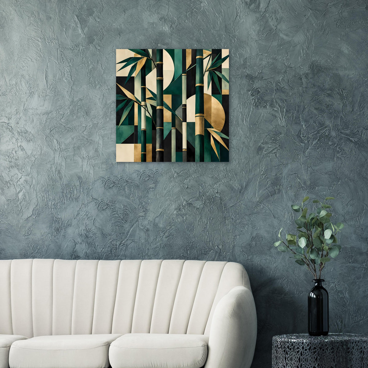 Quadratisches Naturposter mit Bambusgrafik in Smaragdgrün und Gold, senkrechte Streifen