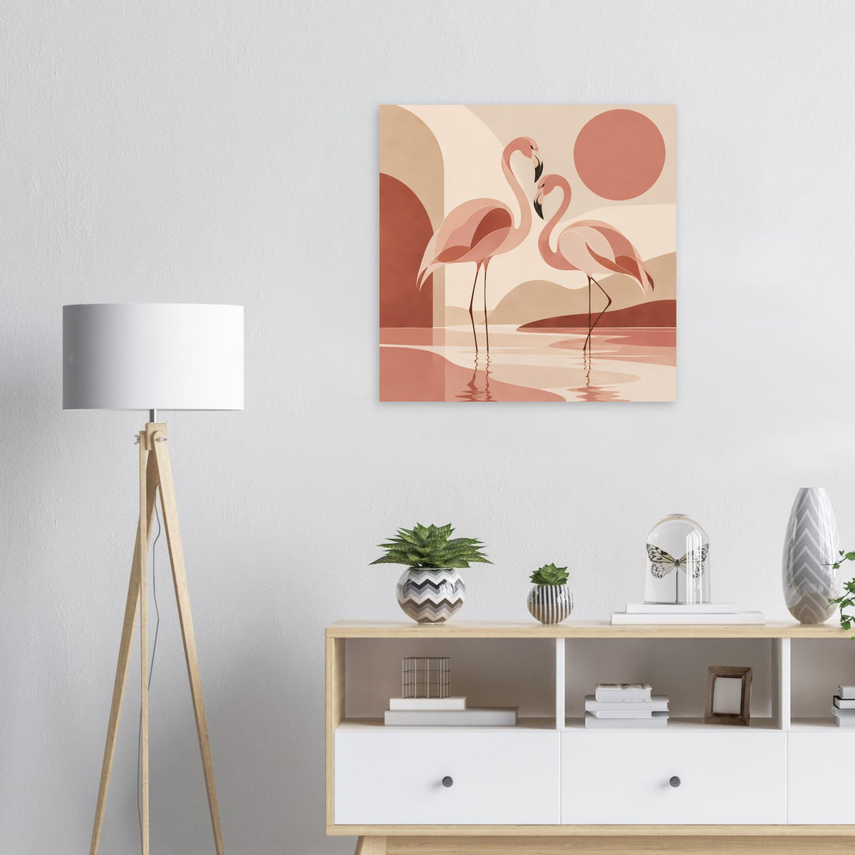 Quadratisches Naturposter mit zwei Flamingos im Boho-Sonnenuntergang, warmen Farbtönen