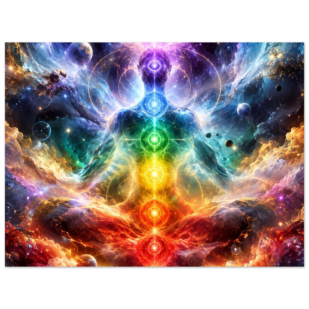 Meditationsposter im Querformat mit kosmischem Chakra-Motiv und glühendem Regenbogenfluss