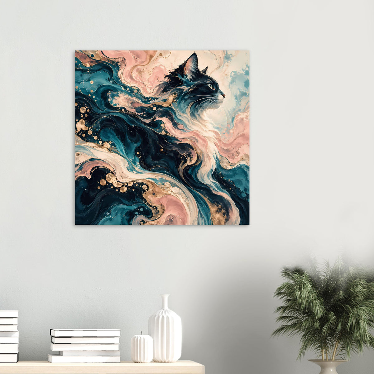 Kleines Kunstposter mit abstrakter Katze, Blau- und Rosatöne, Wirbelmuster mit goldenen Punkten