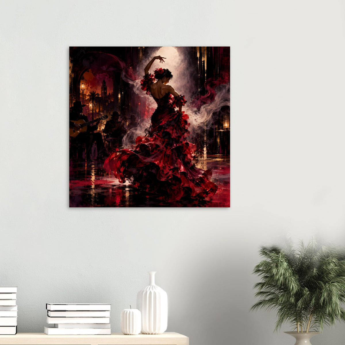Flamenco-Passion-Poster: Tänzerin im roten Kleid, Blumenkranz und drehende Rockschleppe