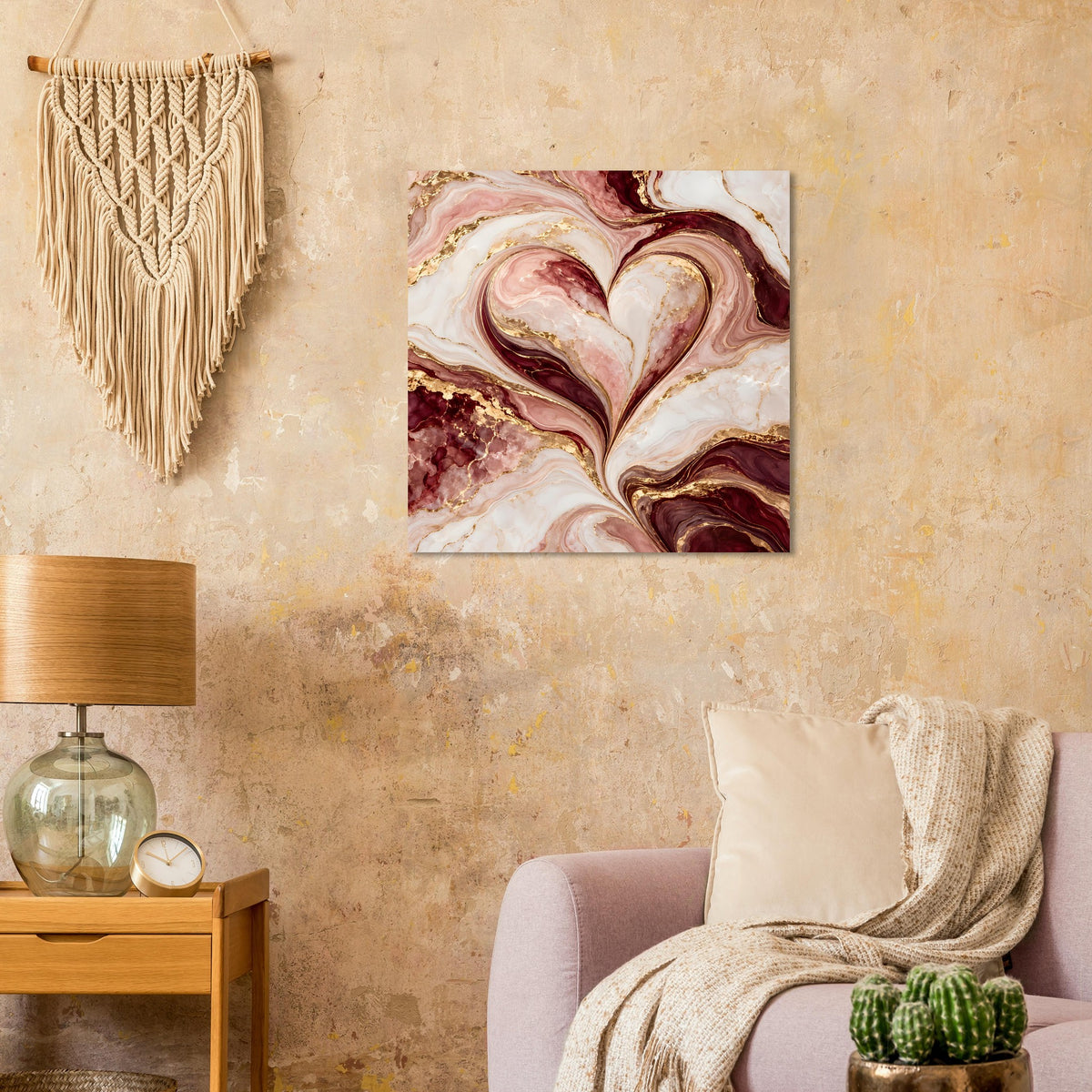 Quadratisches Poster mit Herzmotiv in Marmoroptik in Rosé, Burgund und Gold