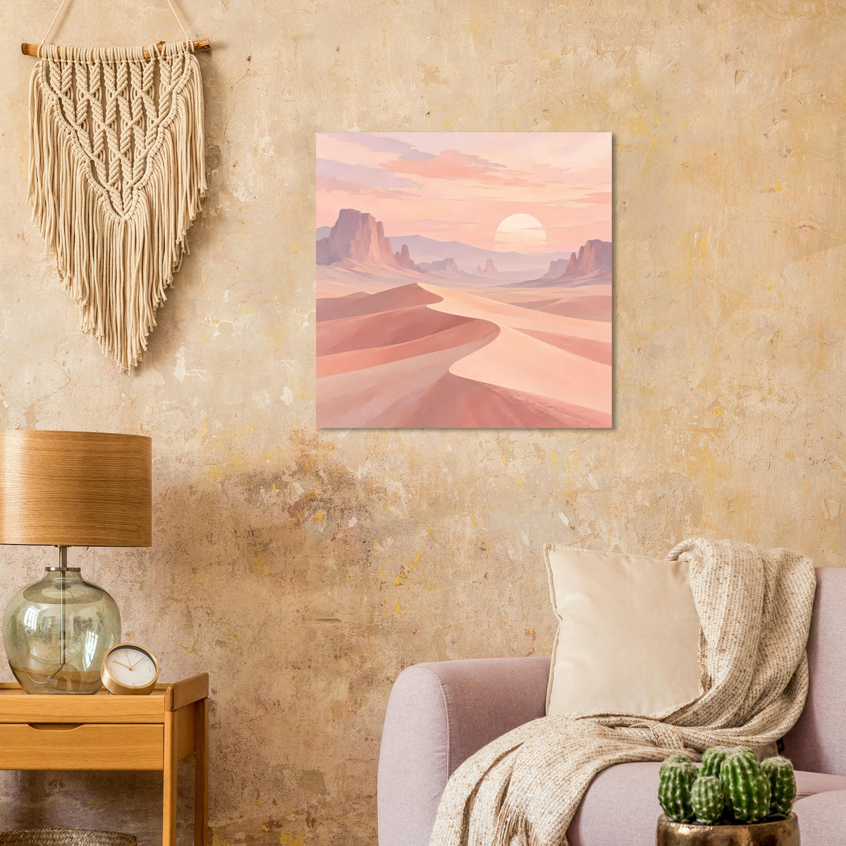 Quadratisches Poster mit Sanddünen und Sonne über Bergsilhouetten, Pastellfarben.