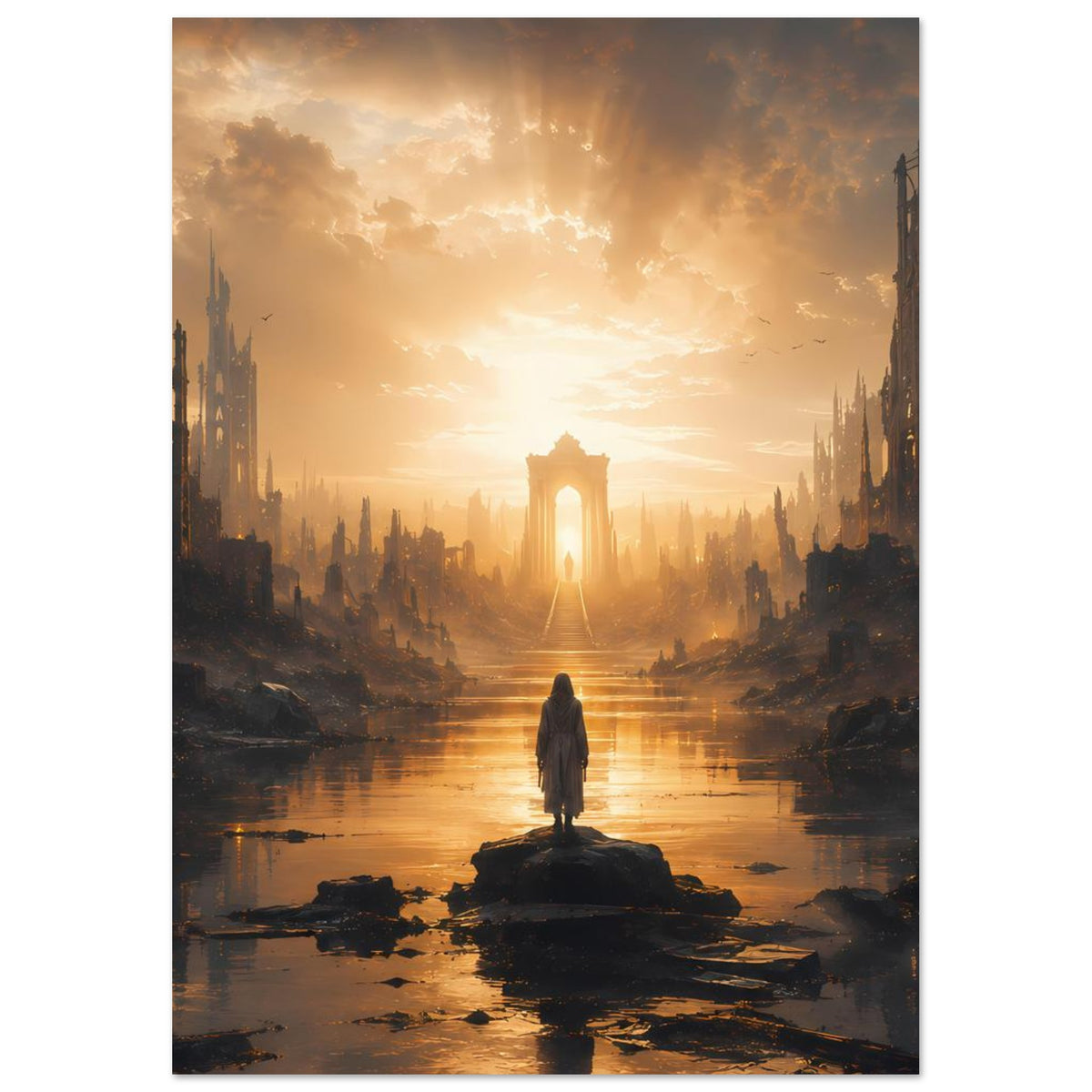 Poster (Hochkant): Ruinenstadt im Sonnenlicht, Flusslauf mit einsamer Gestalt